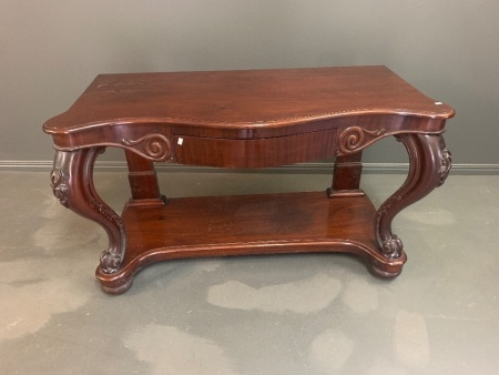 Antique Red Cedar Sofa Table on Carved Cabriole Legs to Front and Pillar Supports to Rear - Single Drawer