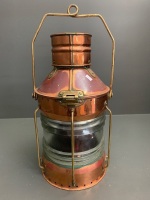 Antique Seahorse Brand 'Ship Not Under Command' Copper Lantern with Original Glass Fresnel Lens and Red Glass Liner - 7