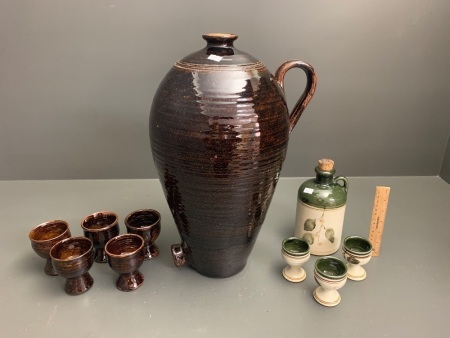 XL Glazed Stoneware Flagon + Cups and Smaller Flagon and Cups