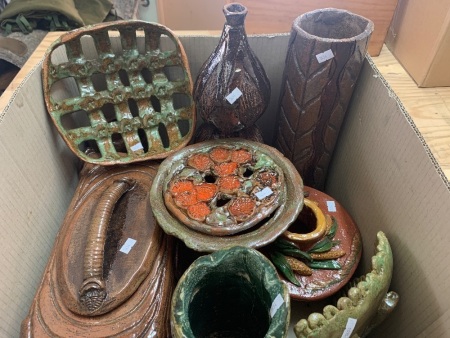 Box of Chunky Colourful Glazed Art Pottery