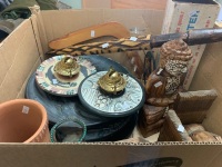 Box of Interesting Bric-a-Brac inc. Lamps, Timber Cannon Bookends, Plaques, Buddha Etc