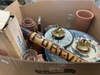 Box of Interesting Bric-a-Brac inc. Lamps, Timber Cannon Bookends, Plaques, Buddha Etc - 4