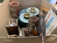 Box of Interesting Bric-a-Brac inc. Lamps, Timber Cannon Bookends, Plaques, Buddha Etc - 5