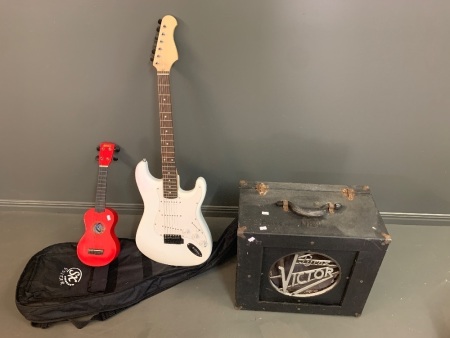 Vintage Pyrox Voctor Amp + Electric Guitar in Case and Ukelele