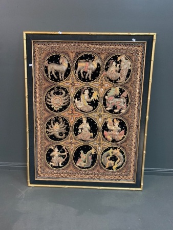 Large Vintage Burmese Padded Embroidery Depicting Signs of Zodiac with Gilt Bamboo Style Frame