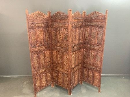 Large Intricately Carved 4 Part Indian Sandalwood Screen / Room Divider
