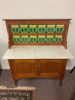 Lovely Silky Oak 2 Door Marble Topped Washstand with Original Double Tiled Splashback