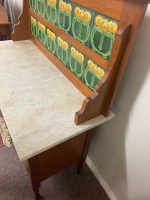 Lovely Silky Oak 2 Door Marble Topped Washstand with Original Double Tiled Splashback - 3