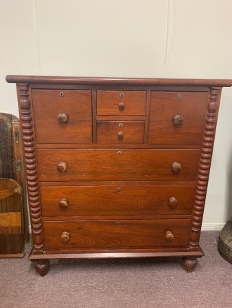 Antique Australian Red Cedar 7 Drawer Tallboy with Bobbin Turned Decoration