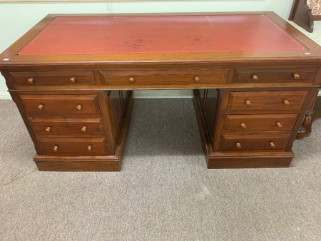 Antique Red Cedar Leather Topped Office Desk. 9 Drawers. Fielded Panels - Comes in 3 Pieces