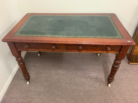 Antique Red Cedar Two Drawer Office Desk with Leathered Top and Turned Legs on Casters