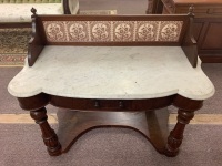 Antique Red Cedar Marble Topped Washstand with Original Tiled Splashback