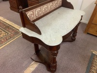 Antique Red Cedar Marble Topped Washstand with Original Tiled Splashback - 2