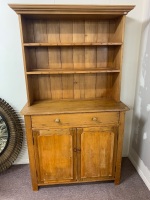 Antique 2 Door Australian Pine Hutch with Shield Doors and Cup Hooks