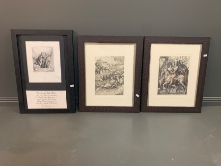 Pair of Framed Mythical Lithographs + Rembrandt Proofed Etching