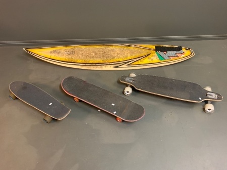 Vintage Dale Chapman Surfboard + 3 Skateboards