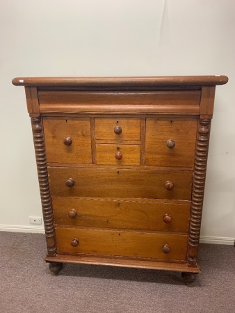 Antique Australian Red Cedar 8 Drawer Tallboy with Bobbin Supports