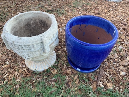 Vintage Cast Concrete Urn + Modern Blue Glazed Pot & Saucer