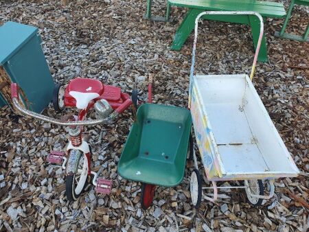 Radio Flyer Tricycle, Vintage Kids Barrow and Pram