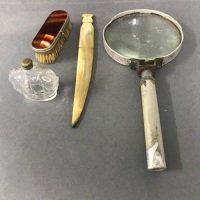 Box Lot - Bone Letter Opener, Crown Perfume Bottle, Mini Brush with Mirror, Mag. Glass