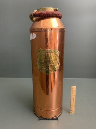 Antique Polished Brass and Copper Simplex Fire Extinguisher with Original Rubber Hose