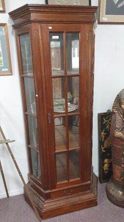 Tall Half Hexagonal Mahogany Display Cabinet with Bevelled Glass Panels and Drawer Below - Lockable with Mirrored Back