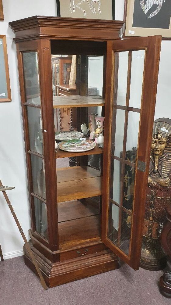 Tall Half Hexagonal Mahogany Display with Bevelled Glass Panels