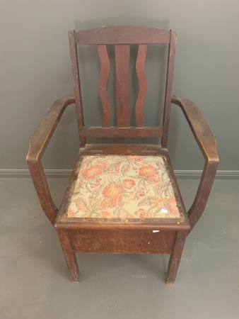 Antique Silky Oak Commode Chair with Anodised Pot