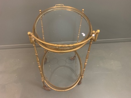 Vintage Brass and Gilt Metal Drinks Trolley with Glass Bottom Lift Out Fretwork Tray
