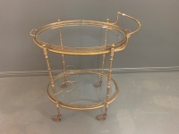 Vintage Brass and Gilt Metal Drinks Trolley with Glass Bottom Lift Out Fretwork Tray - 2