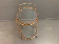 Vintage Brass and Gilt Metal Drinks Trolley with Glass Bottom Lift Out Fretwork Tray - 3