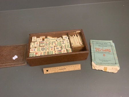 Antique Bone and Bamboo Mahjong Set in Red Cedar Box with Sliding Lid