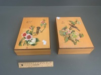 Pair of Hand Incised, Painted and Signed Boxwood Trinket Boxes Depicting Birds