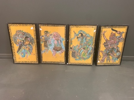 4 x Vintage Framed Original Balinese Paintings on Cloth