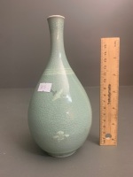 Antique Korean Celadon Glazed Vase with Inlaid Crane and Cloud Decoration - Signed near Base - 4