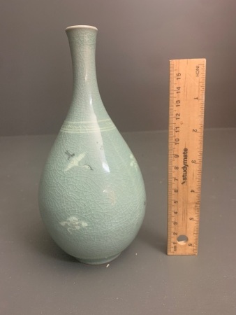 Antique Korean Celadon Glazed Vase with Inlaid Crane and Cloud Decoration - Signed near Base