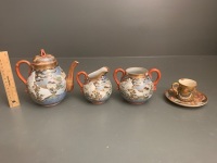 3 Piece Vintage Hand Painted Japanese Kutani Style Porcelain Tea Set - Signed to Base + Demi Tasse Cup & Saucer - 3