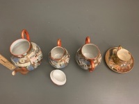 3 Piece Vintage Hand Painted Japanese Kutani Style Porcelain Tea Set - Signed to Base + Demi Tasse Cup & Saucer - 4