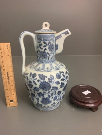 Vintage Blue and White Reproduction of a Chinese Lidded Jug