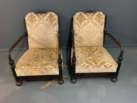 Pair of Antique Silky Oak Upholstered Elbow Chairs - 1 Needs New Webbing