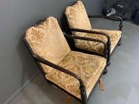 Pair of Antique Silky Oak Upholstered Elbow Chairs - 1 Needs New Webbing - 2