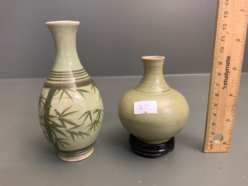 Antique Thai Celadon Green Small Pottery Vase on Later Stand c1800's + Later Signed Celadon Bamboo Vase