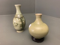 Antique Thai Celadon Green Small Pottery Vase on Later Stand c1800's + Later Signed Celadon Bamboo Vase - 2