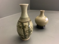 Antique Thai Celadon Green Small Pottery Vase on Later Stand c1800's + Later Signed Celadon Bamboo Vase - 3