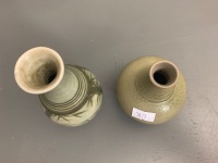 Antique Thai Celadon Green Small Pottery Vase on Later Stand c1800's + Later Signed Celadon Bamboo Vase - 4