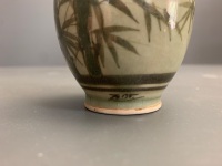 Antique Thai Celadon Green Small Pottery Vase on Later Stand c1800's + Later Signed Celadon Bamboo Vase - 6