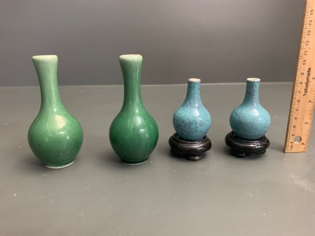 Pair of Small Chinese Celadon Glazed Bulb Vases on Ceramic Stands + Another Pair of Small Vintage Bulb Vases