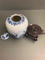 Large Blue & White Chinese Lidded Jar on Timber Stand - Stamped to Base - 3