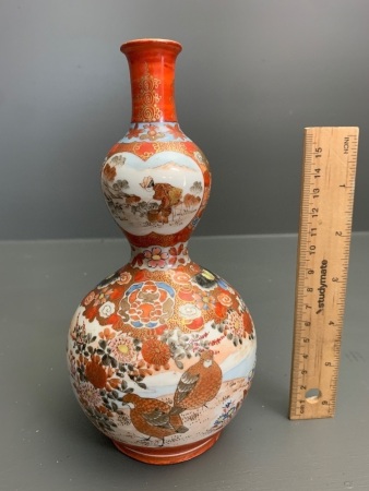 Late 19thC Japanese Kutani Hand Painted Double Gourd Vase - Signed to Base - Vignette Decoration inc. Birds. Butterlflies. House on Lake