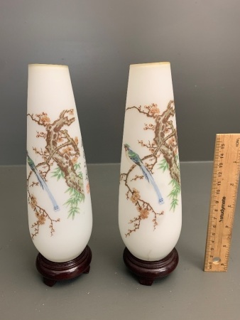 Pair of Vintage Glass Vases on Timber Stands Depicting Birds and Blossom